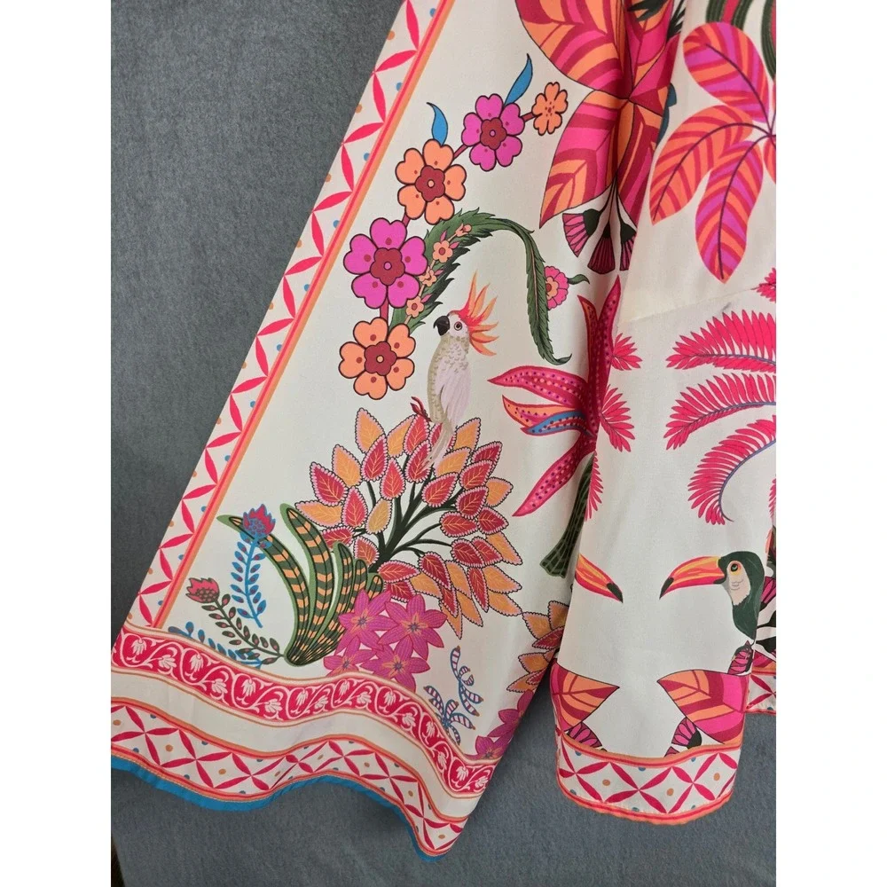 Women's Cardigan Blouse 2XL Cream Tropical Toucan Tie Front Boho Relaxed Fit
